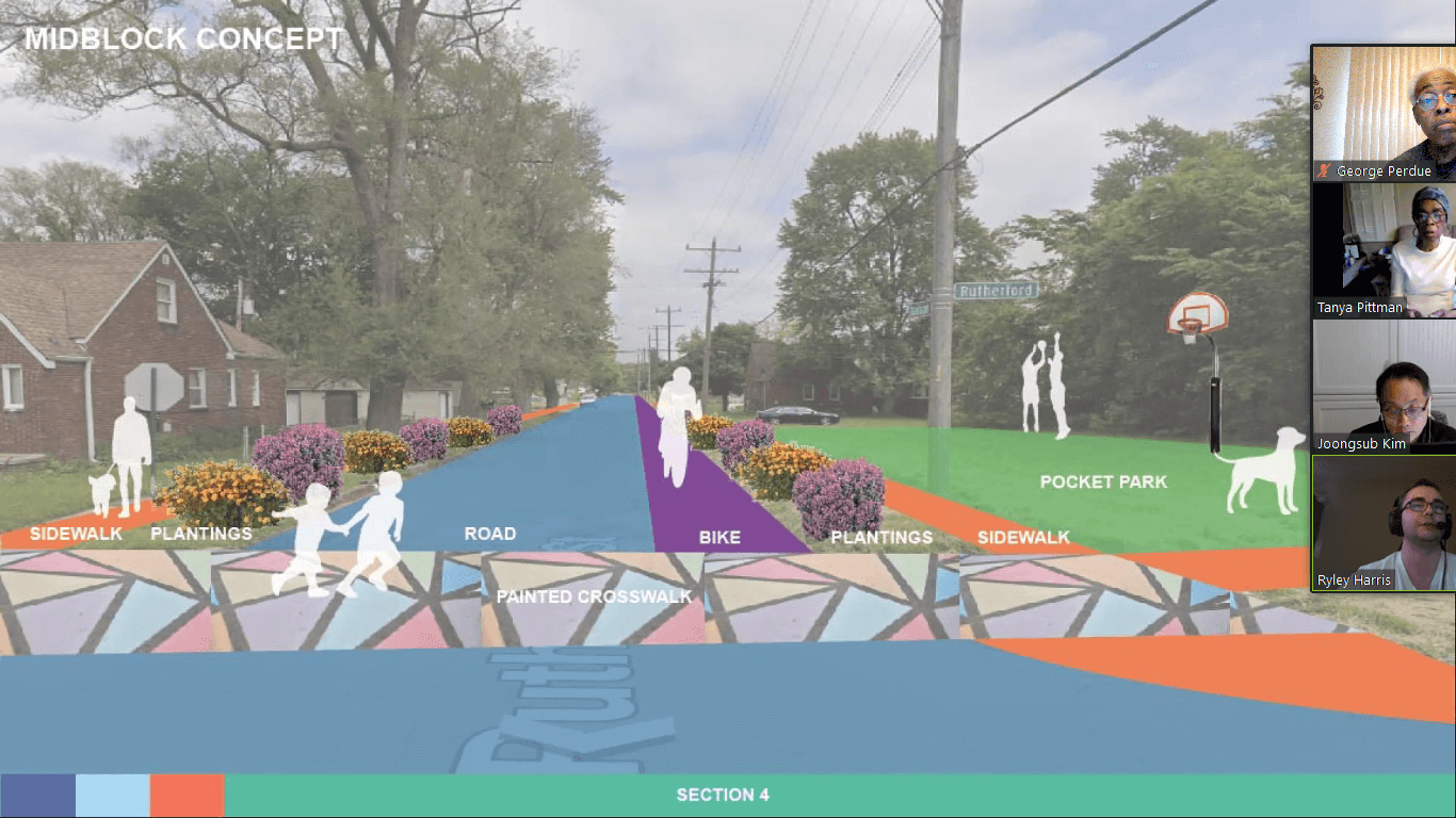 Schoolcraft Improvement Association Diagram of a plan for street improvement, including sidewalks, plantings, a bike path, plantings, and a pocket park with a basketball hoop